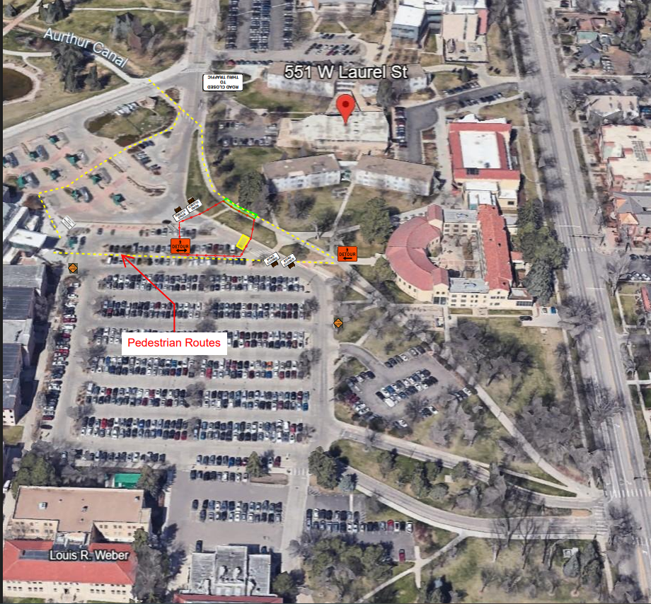 Plum Street along the north edge of the Engineering Parking Lot # 310 along with the adjacent sidewalk and some nearby parking spaces closed. Follow detour signs.