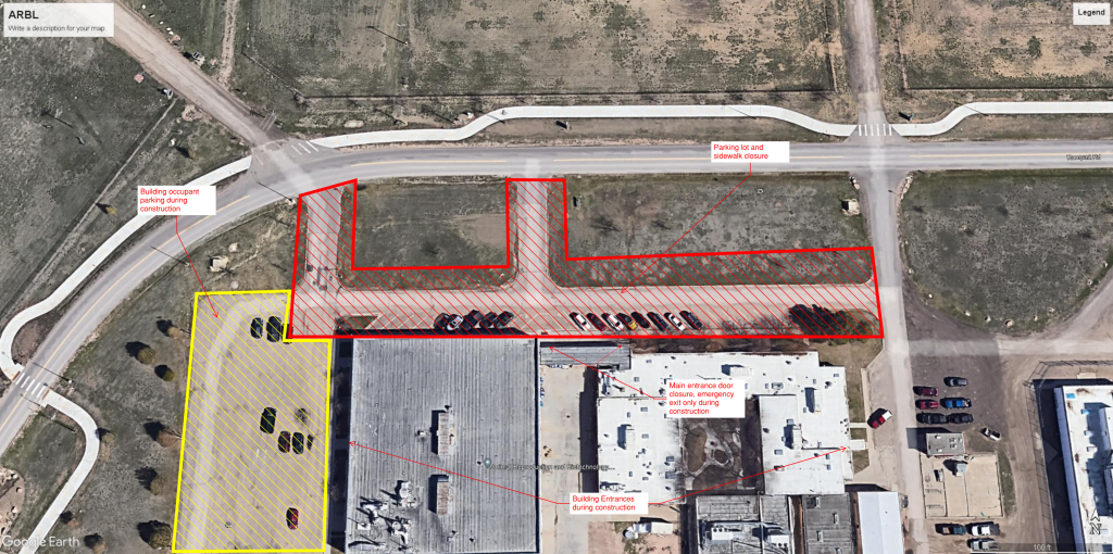 Map of ARBL site showing the north main parking lot, main entry and sidewalk to the main entry closed. The east and west building entrances remain open. The area to the west of the building is designated as parking for building occupants.