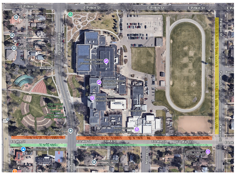 Monday March 16th- Sunday March 22nd (Weather Pending): o Lake Street between Peterson St. and College Ave.- Northside “all-day” parking CLOSED, Southside OPEN o The alley entrance between CSU buildings (West of Avenir Museum)- CLOSED to vehicles o Sidewalk at the alley approach will also be closed, pedestrian detours set o Pedestrian access ramps closed: NE corner of Remington St. and Lake St., NW corner of Remington St. and Lake St. Monday March 23rd- Sunday March 29th (Weather Pending): o Lake St. between Peterson St. and College Ave. - Southside “2-hour” parking CLOSED, Northside OPEN o Pedestrian access ramps closed: SE corner Remington St. and Lake St. Intermittent: Peterson St. “all-day” parking will be impacted intermittently during our project. Sidewalks open. There just a few minor curb and gutter locations that will be repaired in isolated areas. "No Parking" signs will be set out several days in advance, and we hope to open parking as soon as possible as we complete the work. The biggest impact to CSU will be the alley access.