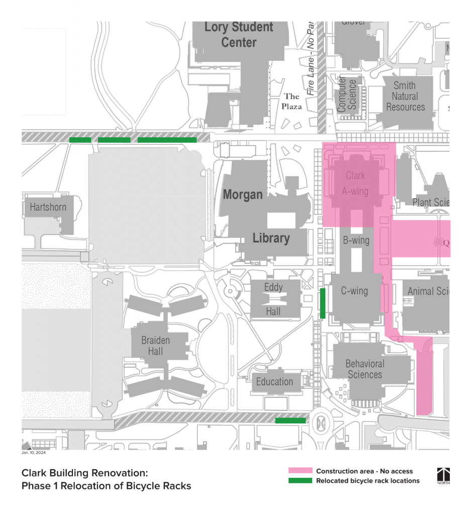Map showing bicycle racks relocated on the southwest side of Clark and south of Education.
