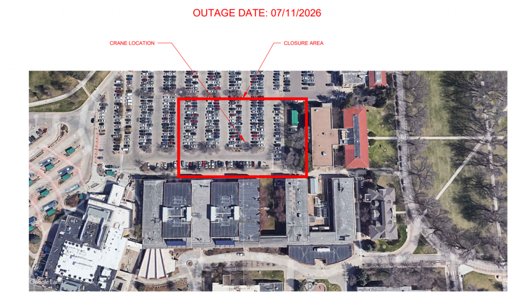 Aerial view of the Engineering parking lot showing the southeast portion of the closed. This closure includes the southernmost row of parking closest to the Engineering Building and the 9 east-most rows . This closure extends halfway to the north of the lot.
