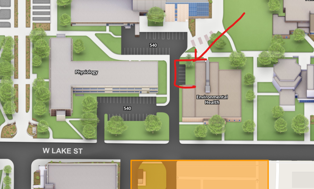 The six parking spaces west of the Environmental Health building will be closed.