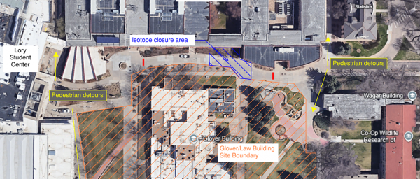 Isotope Drive closed southwest of the Physics Wing entry. All of Isotope Drive from the Physics Wing west will be closed to vehicular and pedestrian traffic during this outage.