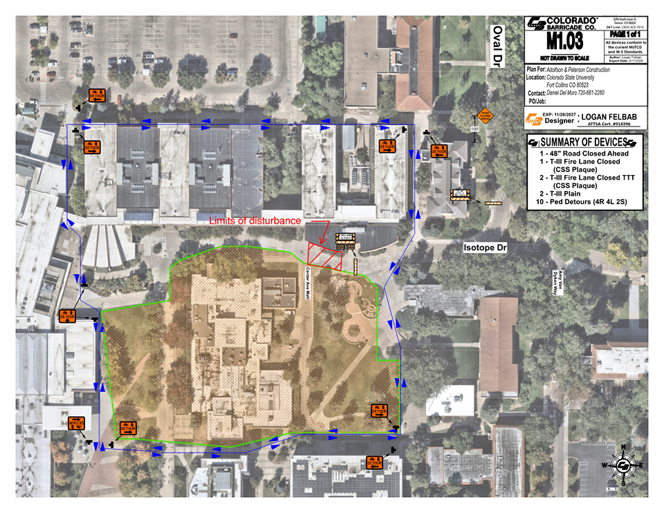 Isotope Drive closed south of Engineering Building. Follow pedestrian detour signs around the Engineering Building and near the Lory Student Center.