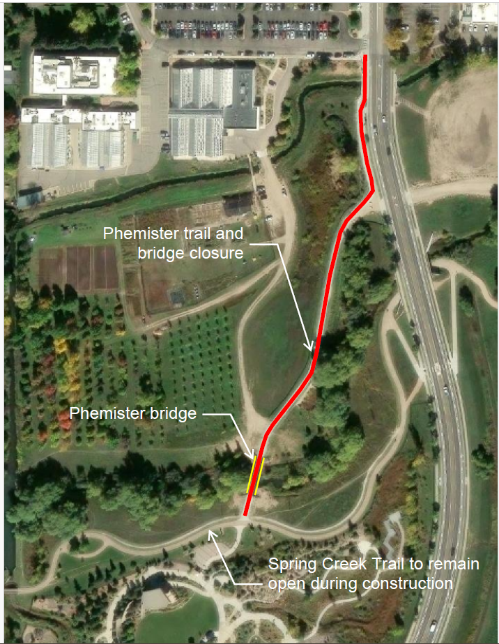Phemister Trail and bridge, located between Centre Avenue and the Spring Creek Trail, will be closed. Use the Spring Creek Trail and the bike lanes on Centre Avenue as detours.