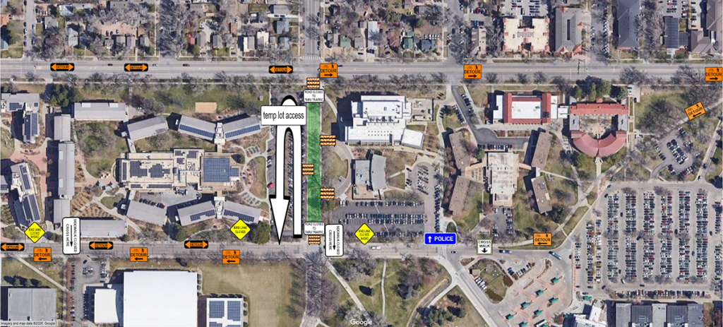 Meridian Avenue closed between Laurel St. and Plum St. Vehicular traffic and buses will be routed through the LSC parking lot to/from Laurel Street at Meldrum St. Adjacent sidewalks will be closed. Follow detour signs.