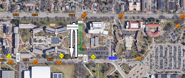 Meridian Avenue closed between Laurel St. and Plum St. Vehicular traffic and buses will be routed through the LSC parking lot to/from Laurel Street at Meldrum St. Adjacent sidewalks will be closed. Follow detour signs.