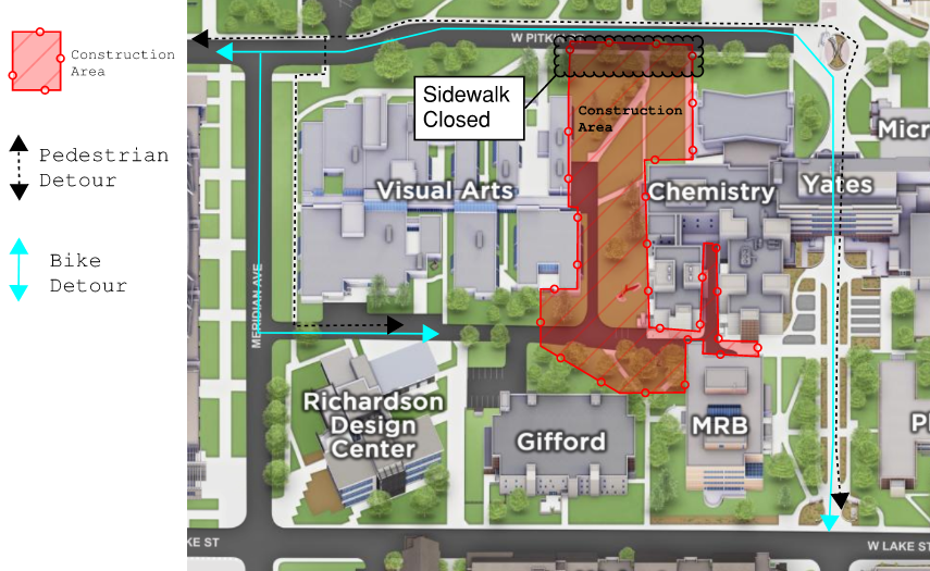 Sidewalks and bike paths closed south of Pitkin St between Visual Arts, Chemistry and Gifford. Sidewalks and bike paths closed between Chemistry and MRB. Detour routes for pedestrians and bicycles include the Center Avenue Mall to the east, Pitkin Street to the north, Meridian Avenue to the west and Lake Street to the South.