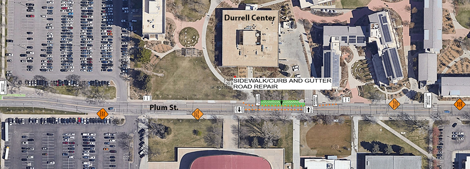 Sidewalk and bike lane south of the Durrell Center, on the north side of Plum Street closed