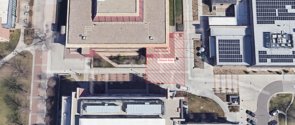The southeast entrance to Clark C-Wing will be closed, along with all the concrete paved area around this entrance. This means access from the Animal Sciences Parking lot will not be able to access the Center Avenue Mall from this area.