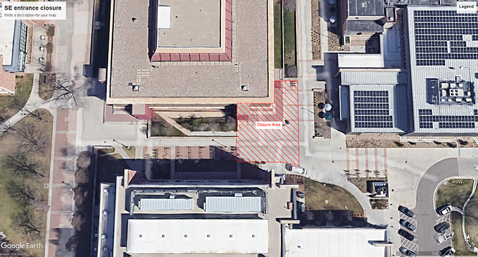 The southeast entrance to Clark C-Wing will be closed, along with all the concrete paved area around this entrance. This means access from the Animal Sciences Parking lot will not be able to access the Center Avenue Mall from this area.