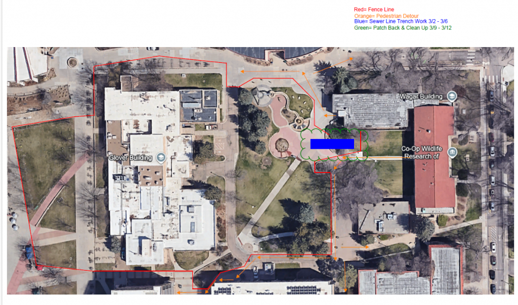 The sidewalk on the eastern edge of the Water Quad will be closed 3/2 through 3/12. Pedestrians will not be able to travel north and south along this area of the Water Quad during this time. This outage is to install a sanitary sewer line and tie-into the existing system for the new Law Engineering Future Technologies building.