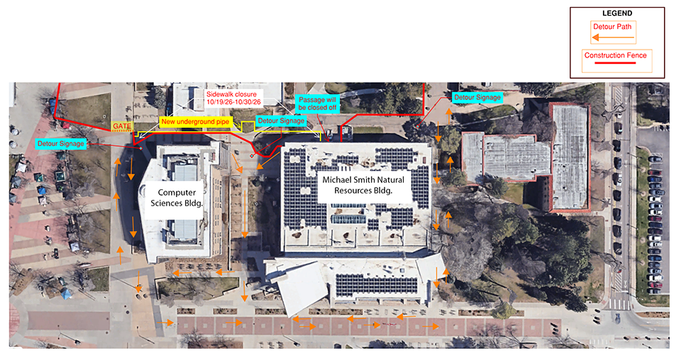 Pavement on the north side of Michael Smith Natural Resources Building closed. Follow pedestrian detour signs.