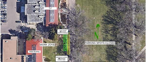 The sidewalk and parking spaces immediately east of the Weber building will be closed during this outage. Follow pedestrian detour signs that direct people west along the sidewalk that leads to the Weber Buidling, along the east side of the building and then to the sidewalk that proceeds west towards Oval Drive as the detour route.