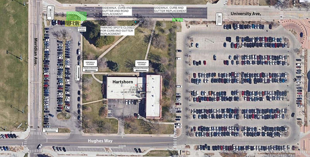 Sidewalk on the southside of University Avenue north of Hartshorn from Meridian Avenue east to the Library parking Lot will be closed.