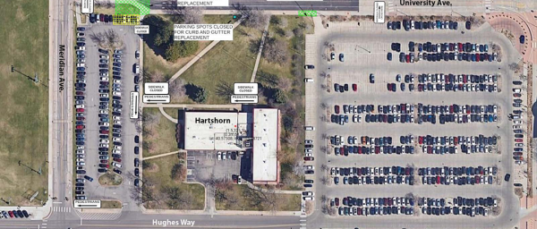 Sidewalk on the southside of University Avenue north of Hartshorn from Meridian Avenue east to the Library parking Lot will be closed.