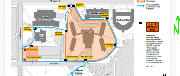 There will be a pedestrian and bicyclist detour route encompassing this area from Laurel at the north point of Allison Hall's constriction closure at parking lot 170, along the sidewalk on the east side of Scott Bioengineering, turning west on the path between Scott Bioengineering and Green Hall. The detour wraps along the west side of Green Hall to Meridian Ave, turns east on Plum St and extends back around the Allison Hall construction site along the east side of the closure, south of Rockwell West and back to Laurel.