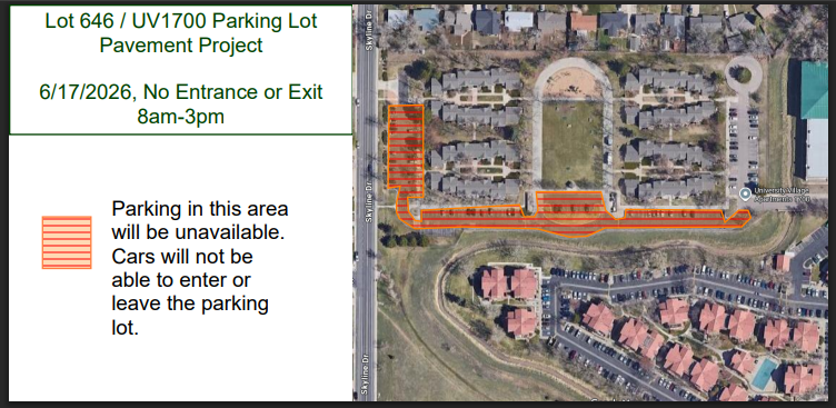 The south and west portions of this parking lot will be entirely closed. Vehicles will not be able to enter or leave this lot during this time.