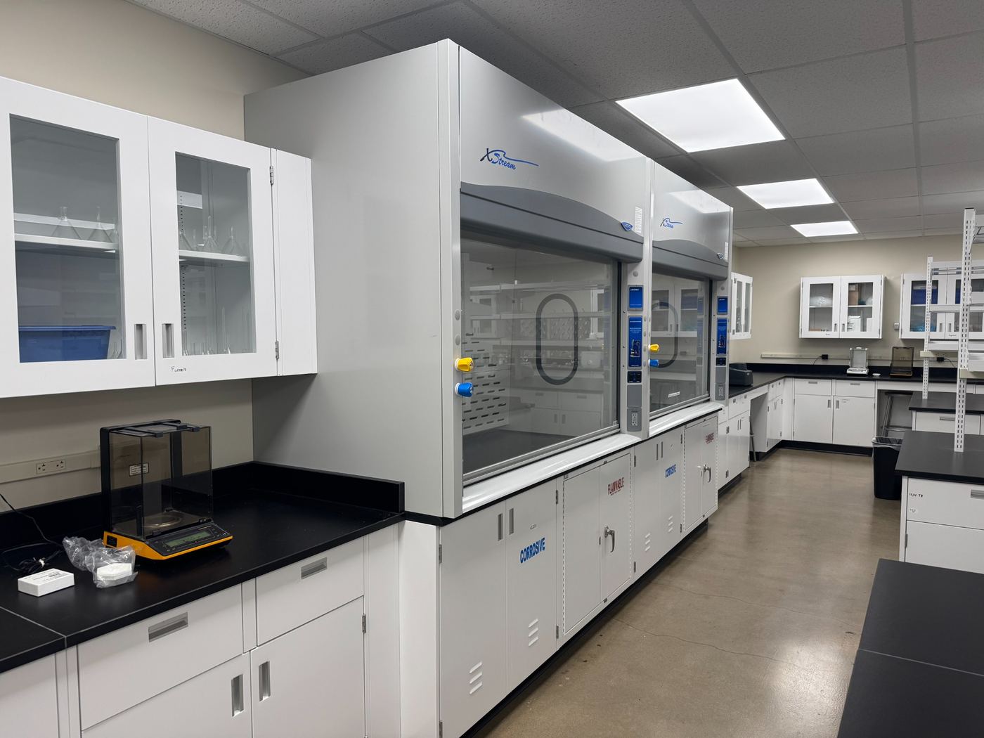 Updated chemistry laboratory with new casework, cabinets, fume hoods, lighting, and equipment.