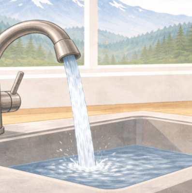 Illustration of a running kitchen faucet filling a sink with water, with a mountain landscape visible through a large window in the background.